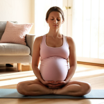 **

A pregnant woman peacefully meditating in a yoga pose, bathed in soft sunlight. She is in a comfortable living room setting, with gentle, pastel colors surrounding her. Focus on her serene expression and relaxed posture.  Include subtle details like a yoga mat and calming aromatherapy diffuser.  Style: Gentle, calming, and realistic, like a lifestyle photograph.

**
