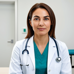 A kind female doctor, dressed in a pristine white lab coat and modest professional attire, sitting at a clean, modern medical desk in a well-lit consultation room. She has a warm, reassuring expression, looking directly forward with a compassionate gaze, implying understanding and expertise in female health. The background is softly blurred, featuring subtle, sterile clinic elements. Perfect anatomy, correct proportions, natural pose, well-formed hands, proper finger count, natural body proportions. Professional photography, high quality, professional studio lighting, clear focus, medical portrait. Safe for work, appropriate content, fully clothed, professional, family-friendly.