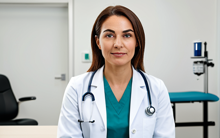 A kind female doctor, dressed in a pristine white lab coat and modest professional attire, sitting at a clean, modern medical desk in a well-lit consultation room. She has a warm, reassuring expression, looking directly forward with a compassionate gaze, implying understanding and expertise in female health. The background is softly blurred, featuring subtle, sterile clinic elements. Perfect anatomy, correct proportions, natural pose, well-formed hands, proper finger count, natural body proportions. Professional photography, high quality, professional studio lighting, clear focus, medical portrait. Safe for work, appropriate content, fully clothed, professional, family-friendly.