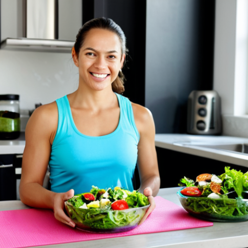 **

A serene, fully clothed woman in her late 20s, smiling gently while holding a healthy meal (salad with lean protein). She's in a bright, modern kitchen. Soft, natural lighting. The background includes subtle imagery of exercise equipment (yoga mat, dumbbells). Text overlay: "PCOS Management: Diet & Exercise." Safe for work, appropriate content, modest, professional, perfect anatomy, natural proportions, high quality.

**