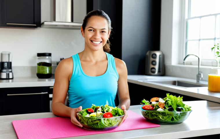 **

A serene, fully clothed woman in her late 20s, smiling gently while holding a healthy meal (salad with lean protein). She's in a bright, modern kitchen. Soft, natural lighting. The background includes subtle imagery of exercise equipment (yoga mat, dumbbells). Text overlay: "PCOS Management: Diet & Exercise." Safe for work, appropriate content, modest, professional, perfect anatomy, natural proportions, high quality.

**