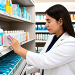 **

A professional woman in modest clothing is thoughtfully selecting a feminine hygiene wash from a well-organized shelf at a drugstore. The scene is bright and clean, showcasing various gentle, pH-balanced washes. Focus on the product packaging and the woman's calm, informed expression. Safe for work, appropriate content, fully clothed, professional, natural pose, well-formed hands.

**