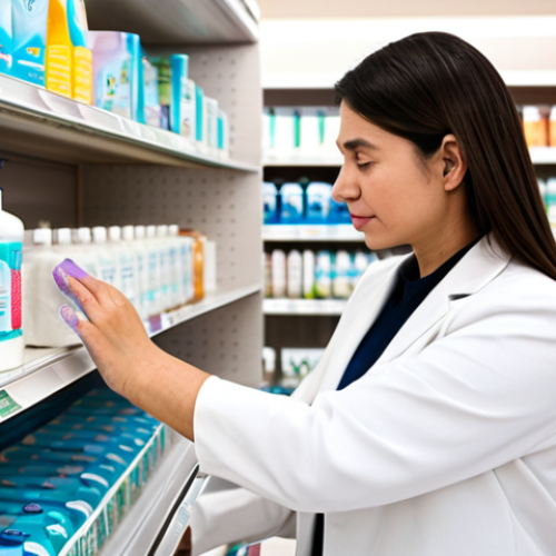 **

A professional woman in modest clothing is thoughtfully selecting a feminine hygiene wash from a well-organized shelf at a drugstore. The scene is bright and clean, showcasing various gentle, pH-balanced washes. Focus on the product packaging and the woman's calm, informed expression. Safe for work, appropriate content, fully clothed, professional, natural pose, well-formed hands.

**