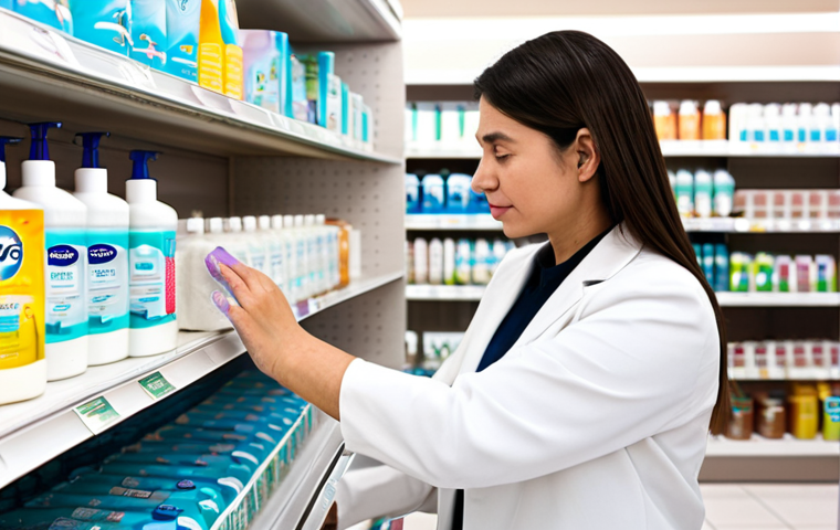 **

A professional woman in modest clothing is thoughtfully selecting a feminine hygiene wash from a well-organized shelf at a drugstore. The scene is bright and clean, showcasing various gentle, pH-balanced washes. Focus on the product packaging and the woman's calm, informed expression. Safe for work, appropriate content, fully clothed, professional, natural pose, well-formed hands.

**