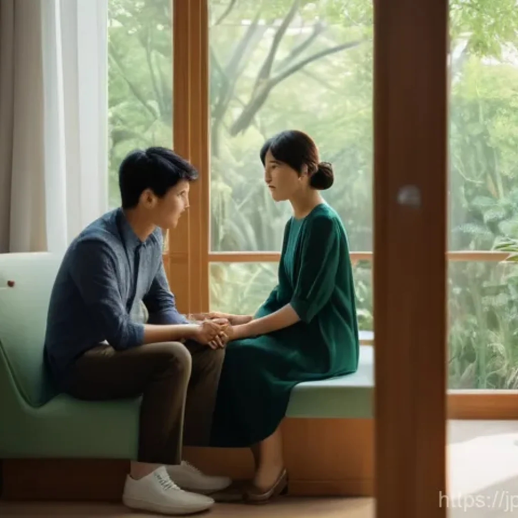 난임 검사의 종류와 비용 - **Prompt for initial consultation, depicting shared anxiety and the first step:**
"A young Japan...