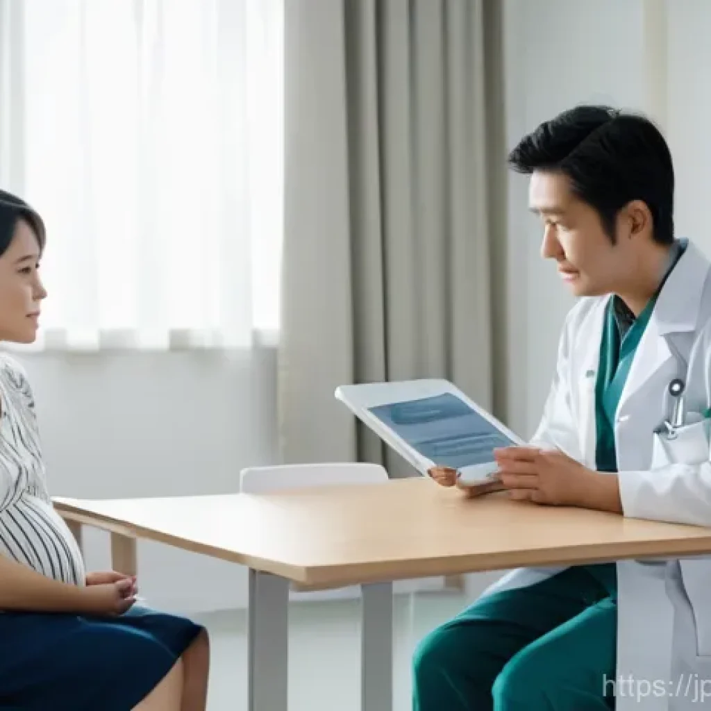 산모를 위한 병원 추천 및 후기 - A serene and modern Japanese maternity clinic consultation room. A thoughtful Japanese pregnant woma...