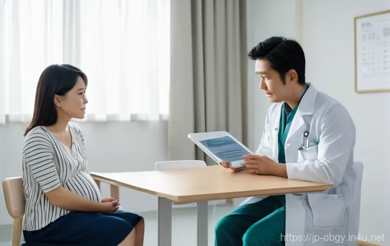 산모를 위한 병원 추천 및 후기 - A serene and modern Japanese maternity clinic consultation room. A thoughtful Japanese pregnant woma...