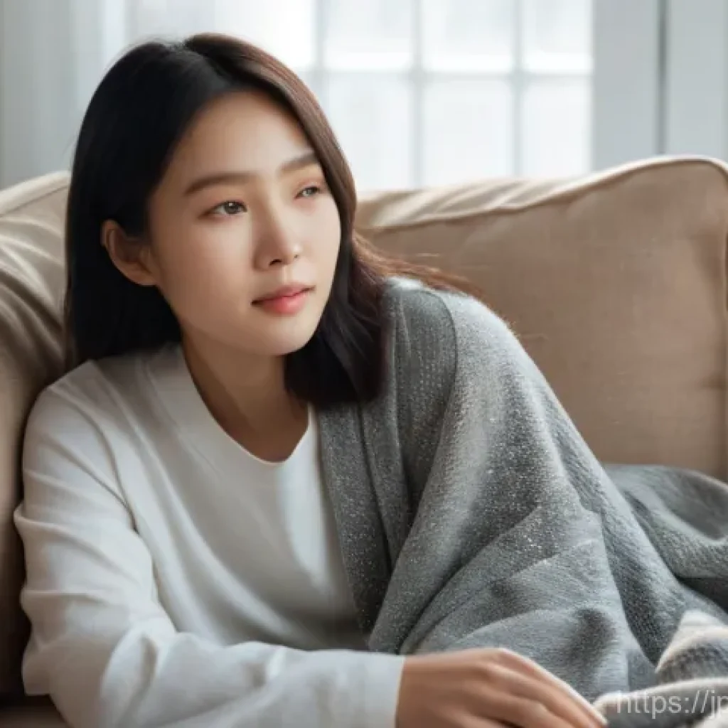생리통 심한 이유와 진료 추천 병원 - **Prompt 1: "A young East Asian woman, mid-20s, with a gentle expression, is seated comfortably on a...