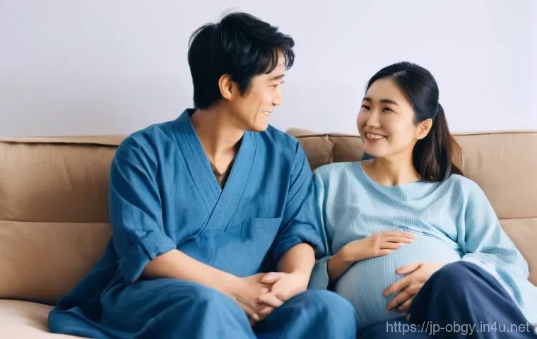 임신 중 기형아 검사 시기와 방법 - **Prompt:** "A Japanese pregnant couple, both in their late 20s or early 30s, engaged in a serious y...