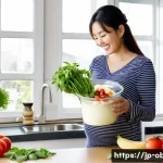 임신 중 혈압 관리를 위한 식단 - A bright and fresh kitchen scene featuring a pregnant Japanese woman in casual modern maternity wear...