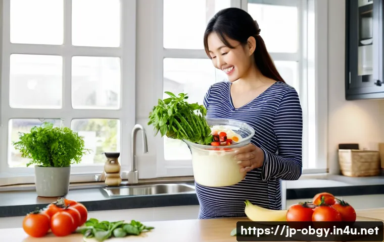 임신 중 혈압 관리를 위한 식단 - A bright and fresh kitchen scene featuring a pregnant Japanese woman in casual modern maternity wear...