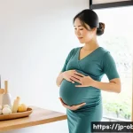임신 중 체중 증가 관리법 - A serene, modern Japanese pregnant woman in her third trimester, wearing comfortable maternity under...