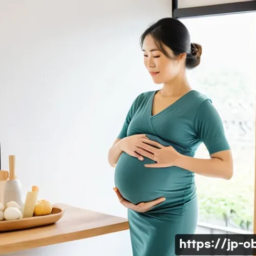 임신 중 체중 증가 관리법 - A serene, modern Japanese pregnant woman in her third trimester, wearing comfortable maternity under...