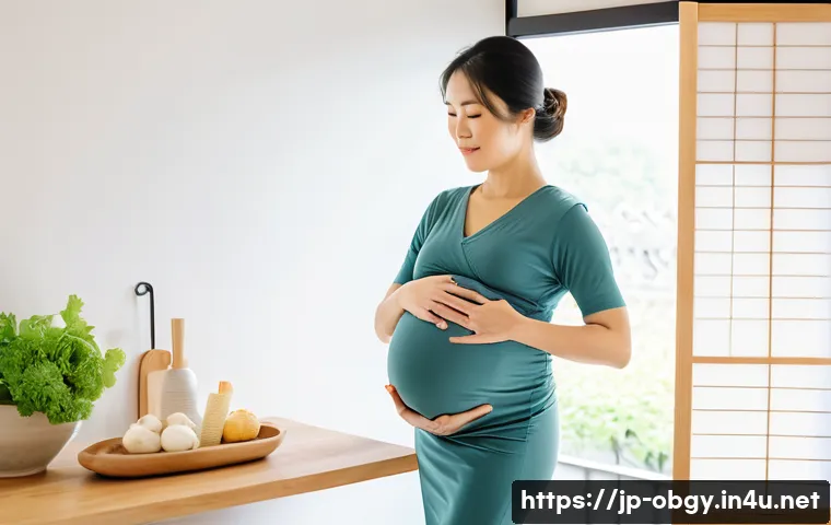 임신 중 체중 증가 관리법 - A serene, modern Japanese pregnant woman in her third trimester, wearing comfortable maternity under...