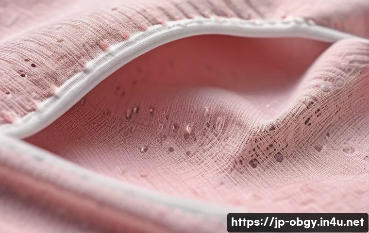 임신 초기 착상혈과 생리혈의 차이 - A close-up medical illustration of subtle implantation bleeding on feminine underwear, showing light...