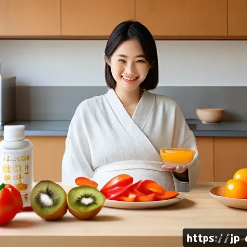 임신 중 철분제 복용 시 주의사항 - A serene and modern Japanese kitchen scene in soft natural light, featuring a pregnant woman in casu...