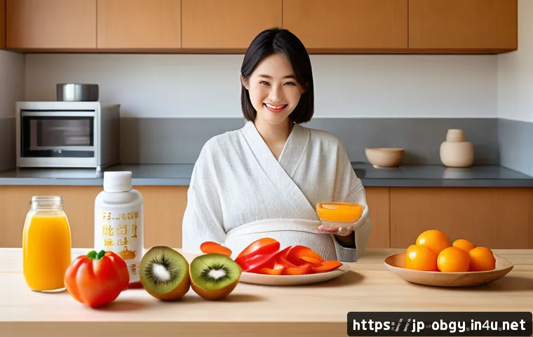 임신 중 철분제 복용 시 주의사항 - A serene and modern Japanese kitchen scene in soft natural light, featuring a pregnant woman in casu...