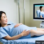 임신 중 태아의 성별을 확인하는 시기 - A serene and warm ultrasound clinic scene showing a pregnant Japanese woman in her second trimester,...