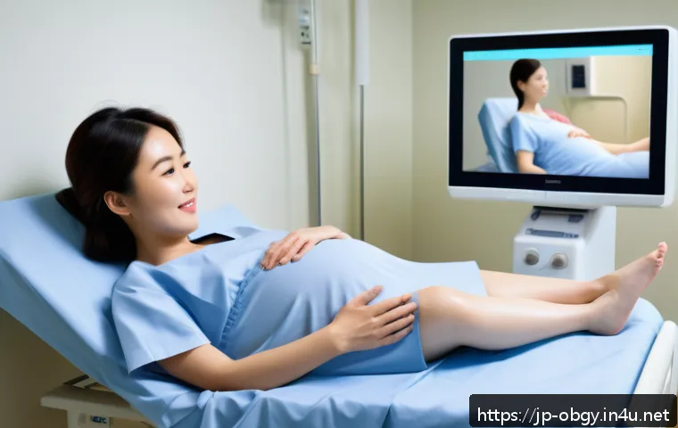 임신 중 태아의 성별을 확인하는 시기 - A serene and warm ultrasound clinic scene showing a pregnant Japanese woman in her second trimester,...