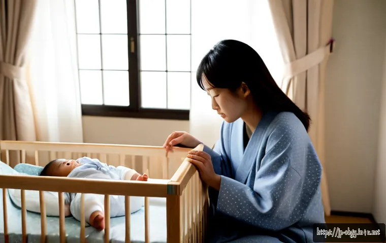산후 우울증 증상과 극복 방법 - Photorealistic young Japanese mother wearing modest comfortable loungewear, sitting quietly beside a...